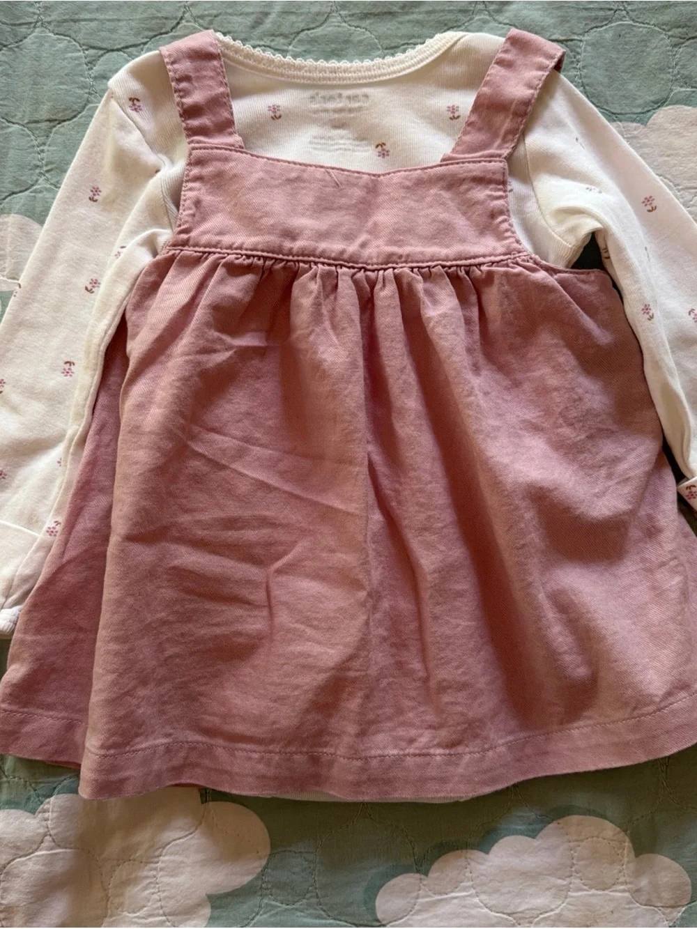 Carter's 4pc Outfit Set Baby Girl 3m Corduroy Jumper Dress Bodysuit blue & pink